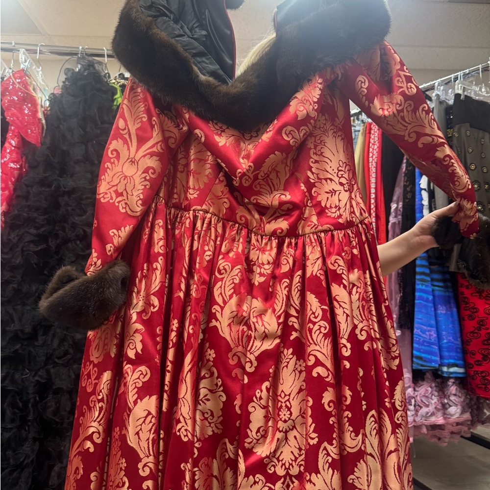 Elegant Red and Gold Brocade Coat with Fur Trim